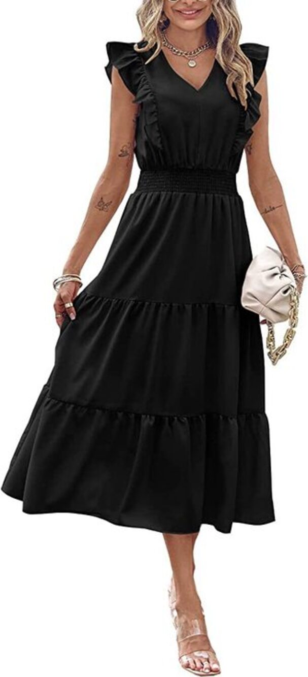 Women's Black V-Neck Ruffle-Sleeve Tiered Maxi Dress